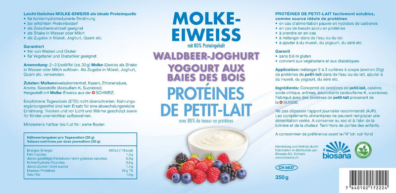 Laden Sie das Bild in Galerie -Viewer, Molke-Eiweiss Pulver Waldbeer-Joghurt 350 g
